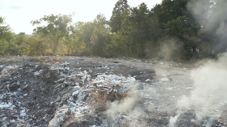 Garbage, fire burning in landfill at local, effect to environmental damage.