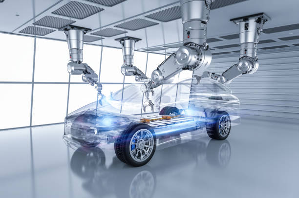 istock Robot assembly line with electric car battery cells module on platform 2177087824