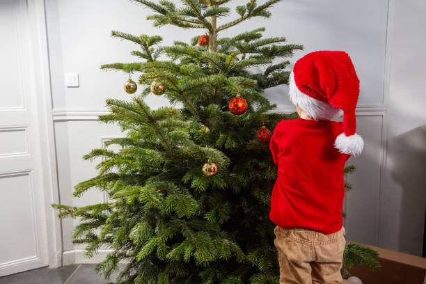 istock Curious little child in Santa hat standing by a Christmas tree 2177087915