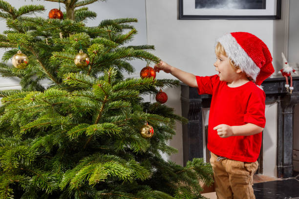 istock Excited boy in Santa hat decorate Christmas tree with xmas balls 2177087921