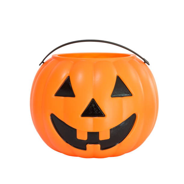 Halloween Pumpkin basket isolated on white background (clipping path) for kid collecting candy Jack o'lantern basket , trick or treat on Halloween day celebration