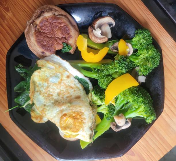 istock Healthy breakfast eggs, vegetables and muffin 2177090401