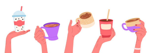 istock Hands with hot drinks cups. People holding coffee or tea mugs, human hands with hot coffee, latte, cacao or matcha cups flat vector illustration set. Female hand holding mugs 2177090870