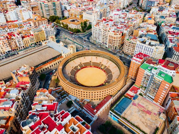 Plaza de Toros de Valencia or Plaza de bous aerial panoramic view. It is a bullring in Valencia city, Spain.