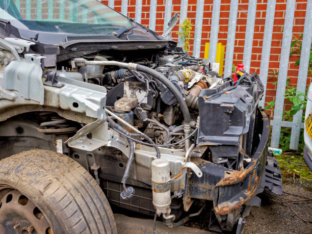 istock crash damaged car showing exposed engine in urban scrapyard setting. 2177098532