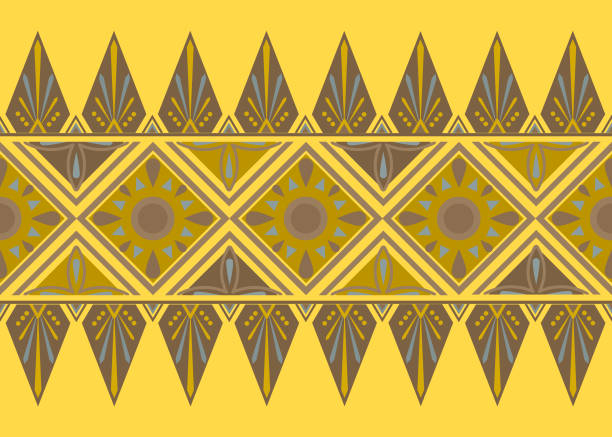 Vibrant Aztec-inspired Kilim border pattern in golden hues. Combines intricate geometric shapes with traditional motifs. Perfect for rug designs, sarongs, and ethnic. Seamless vector ideal for various textile applications.