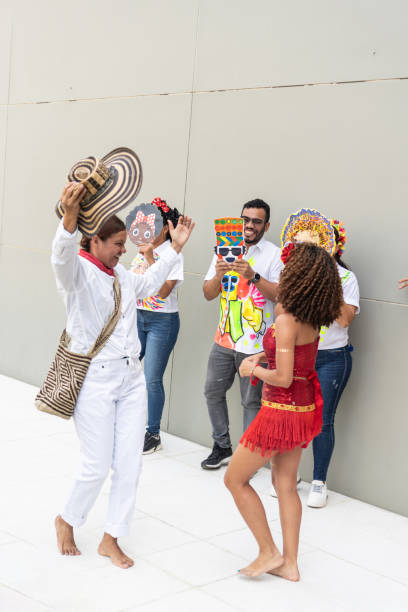 Festive Group Dancing and Celebrating in Carnival Costumes
