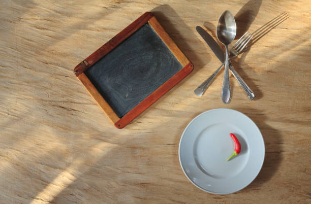Blank vintage menu blackboard and silver cutlery,free copy space.Menu and recipe template.