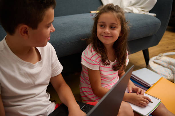 Creative design. Two children, boys and girls sitting on drawn laptop and counting. Math homework. Concept of childhood, dreams, creativity, fun, lifestyle, retro style, education, school,
