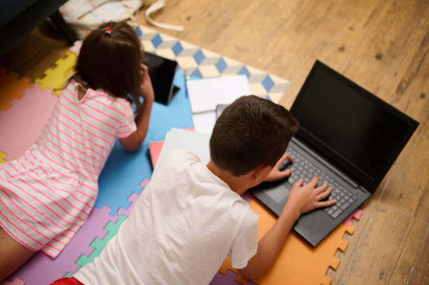 explain lesson boy showing girl on computer helping study friends older brother younger sister online learning spending time together sitting by window with a laptop in hands teenagers 14 15 years old