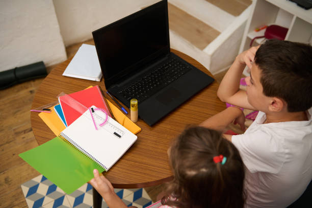 istock Children studying together with laptop and colorful notebooks 2177112569