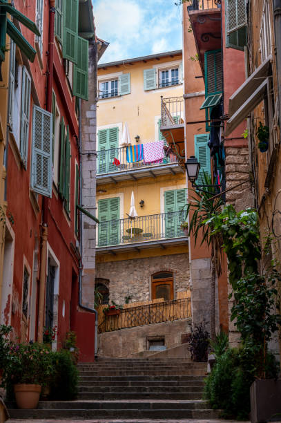 Old town city street in the French city of Villefranche Sur Mer.
