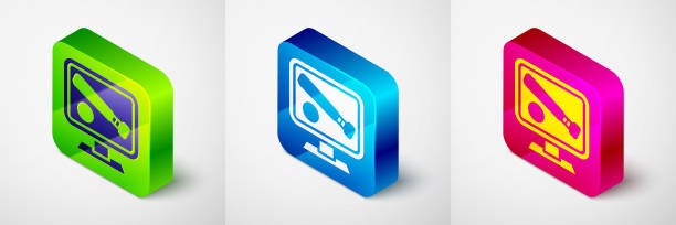 Isometric Monitor with baseball ball and bat on the screen icon isolated on grey background. Online baseball game. Square button. Vector Isometric Monitor with baseball ball and bat on the screen icon isolated on grey background. Online baseball game. Square button. Vector. baseball-scorecard stock illustrations