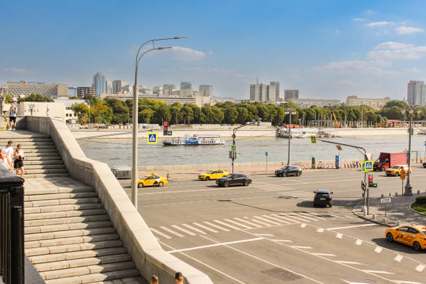 Moscow, Russia - 26, August, 2024.\nEveryday street life of a large metropolitan city.\nStone stairs to the Crimean Bridge.