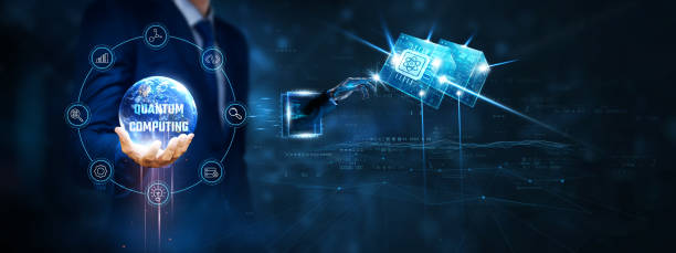Quantum Computing: Businessman hand hold and robot touching on quantum computing technology on virtual interface. Superposition, entanglement, high-speed processing, complex problem solving. computación cuántica: hombre de negocios que sostiene la mano y el robot que toca la tecnología de computación cuántica en la interfaz virtual. superposición, entrelazamiento, procesamiento de alta velocidad, resolución de problemas complejos.