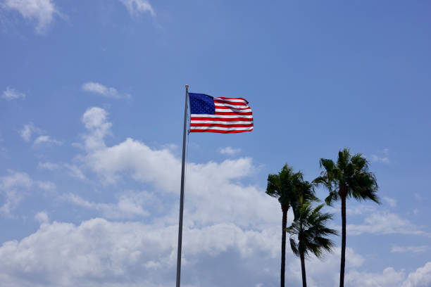 American Flag and Florida Flag waving between Palm Trees. Saint Petersburg Beach, Florida, USA.
