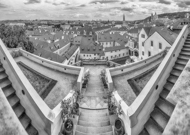 PRAGUE - MAY 11, 2024: Scenic view over the city of Prague from the stairs in the Gardens below Prague Castle, Czech Republic