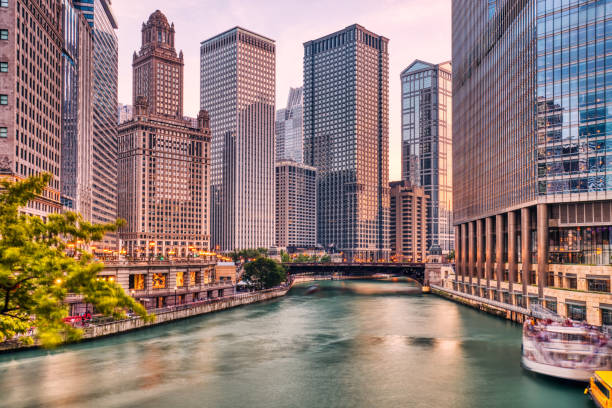 istock Chicago Downtown Cityscape with Chicago River at Sunset 2177135794