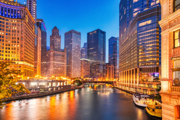 istock Chicago Downtown Cityscape with Chicago River at Dusk 2177135795