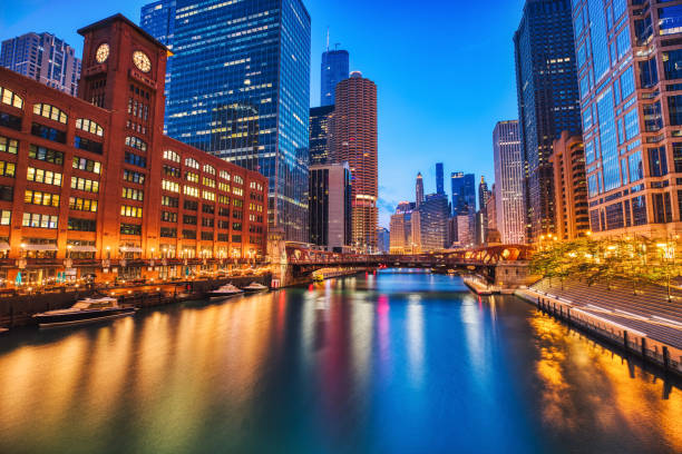istock Chicago Downtown Cityscape with Chicago River at Dusk 2177135907