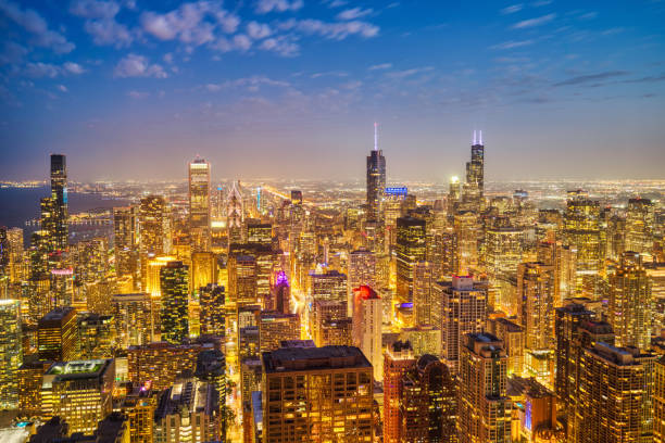 istock Illuminated Chicago Aerial Skyline View at Dusk 2177136045