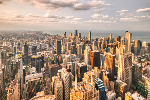 istock Chicago Aerial Skyline View at Sunset with Clouds 2177136133