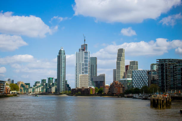 London skyline from Battersea Power Station with a view of the sky and the Thames river