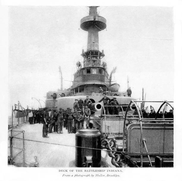 Armored steamship cruiser the USS Indiana served in Spanish-American War. Photograph engraving 1896. Copyright expired; artwork is in Public Domain.
