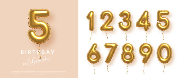 istock Birthday anniversary golden numbers set template with number 5. Celebration birthday vector background. Gold numbers in form of balloons on beige for party invitation, greeting card, poster, event 2177156695