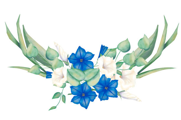 istock Composition with flowers, buds, leaves, stems, grass petunia blue and white, wedding watercolor illustration for printing and web design 2177160854