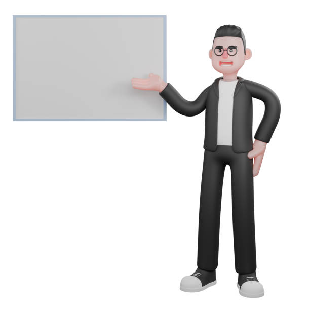 istock 3D Cartoon Editing Specialist. A male editor stands next to the writing panel by pointing at the board with his right hand and his left hand at his waist. Media Control Scene 2177162335
