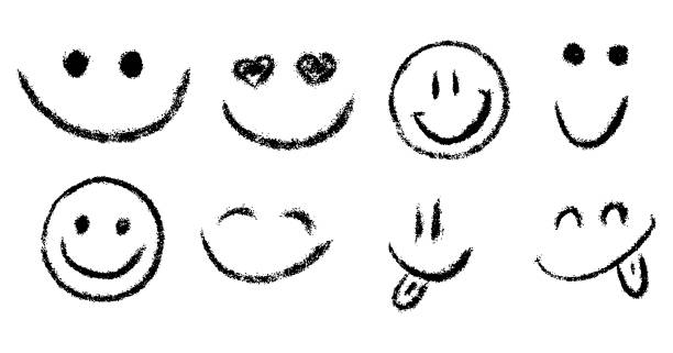 Doodle chalk smile emoji face icon set. Textured kids hand drawn sketch. Different emotion emoticons. Mood, happy, in love, smiling face with tongue. Pencil crayon drawing isolated vector illustration