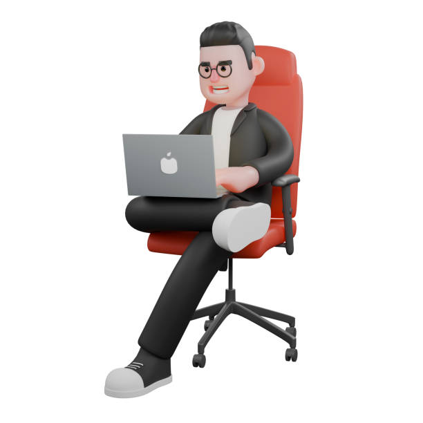 istock Cartoon Style Media Editor. A male editor sits in his work chair while operating a laptop. 3D Male 2177163117