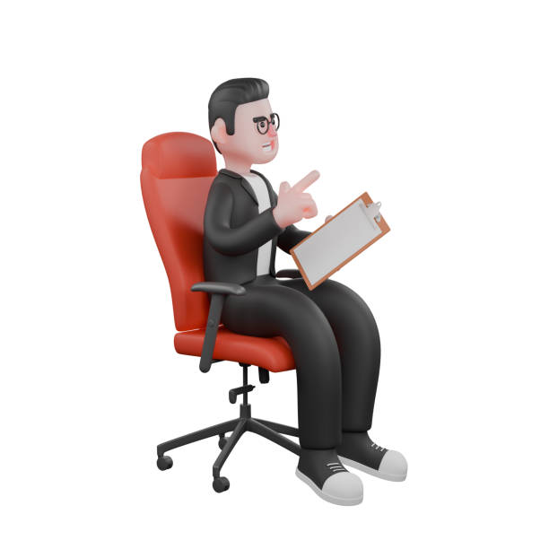 istock Professional 3D Editor. A male editor is sitting in his work chair carrying a clipboard while his other hand is pointing forward. Male Publishing Expert 2177163208