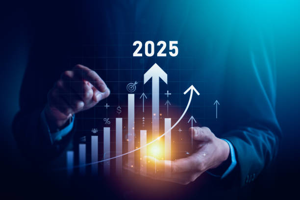 istock Businessman Analyzing 2025 Growth Trends with Digital Bar Graphs and Arrows Highlighting Financial Success, Strategic Planning, and Market Predictions for Future Business Growth and Profitability 2177165103