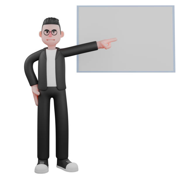 istock Illustrative 3D Male Editor. A male editor is standing while pointing at a white board to his left. Professional 2177166241