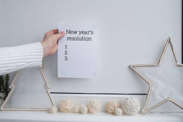 istock Unrecognizable woman creating vision board with Motivational paper note NEW YEAR'S RESOLUTION. Goals setting concept. Strategy for self development improvement. Inspirational Planning better healthier life 2177176602