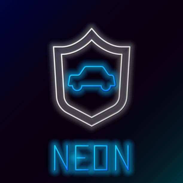 istock Glowing neon line Car with shield icon isolated on black background. Insurance concept. Security, safety, protection, protect concept. Colorful outline concept. Vector 2177177735