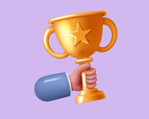 istock 3d trophy. Winner hand, success and award, prize cup, win champion and best goal, reward and competition. Victory and triumph symbol. First place gift render cartoon isolated vector illustration 2177180736