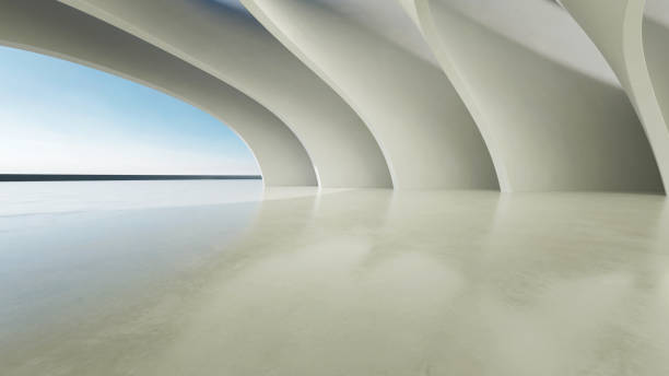 istock 3d render of abstract wavy structure, futuristic architecture with empty concrete floor 2177189707