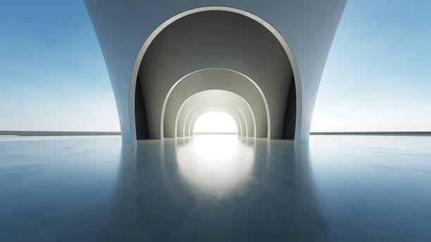 istock 3d render of abstract wavy structure, futuristic architecture with empty concrete floor 2177189717