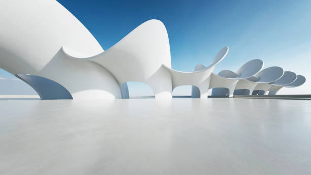 istock 3d render of abstract wavy structure, futuristic architecture with empty concrete floor 2177189721