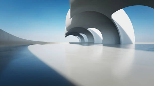 istock 3d render of abstract wavy structure, futuristic architecture with empty concrete floor 2177189734