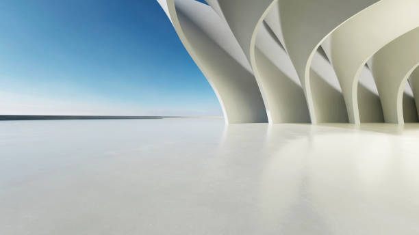 istock 3d render of abstract wavy structure, futuristic architecture with empty concrete floor 2177190191
