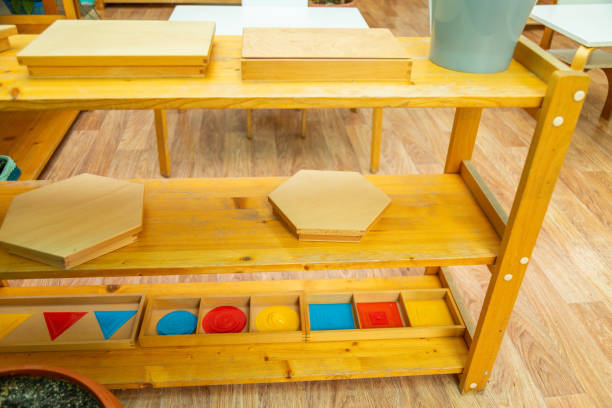 istock Montessori shelf with geometric shapes and nested puzzles 2177193888