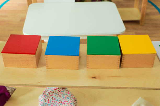 istock Wooden Montessori boxes in different colors displayed on classroom shelf 2177194573