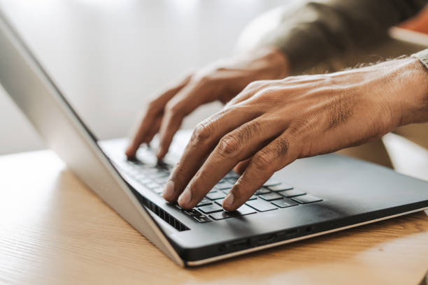 istock Close up of freelancer working on laptop, copywriter typing on keyboard selective focus on hands 2177197106