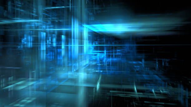 istock Geometric shapes and vibrant blue tones combine to form a captivating digital environment, evoking feelings of innovation and advanced technology in a dark background 2177199874
