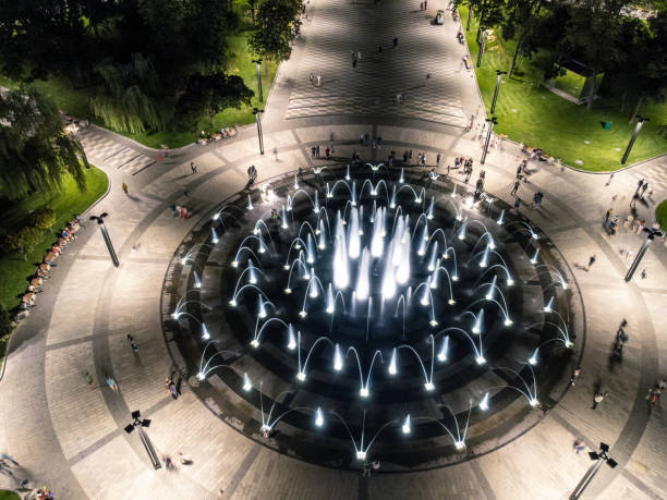 istock Look down on fountain aerial in night illumination 2177202065