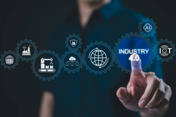 istock Smart industry 4.0 and automation concept. Man interacts with digital interface Industry 4.0 icons, symbolizing smart manufacturing, AI, IoT, automation, and global connectivity in industrial systems. 2177202553